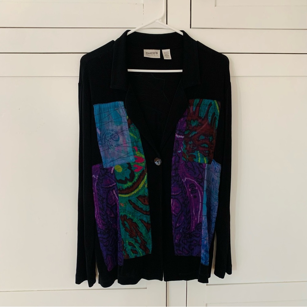 Chico’s Travelers Black One Button Silk Texture Print Patch Cardigan Size Large
